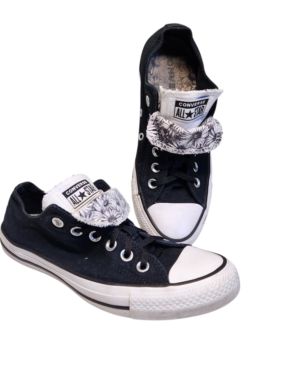 Converse All Star Black White Sneakers Shoes Lace Up Floral Print Women's Size 7